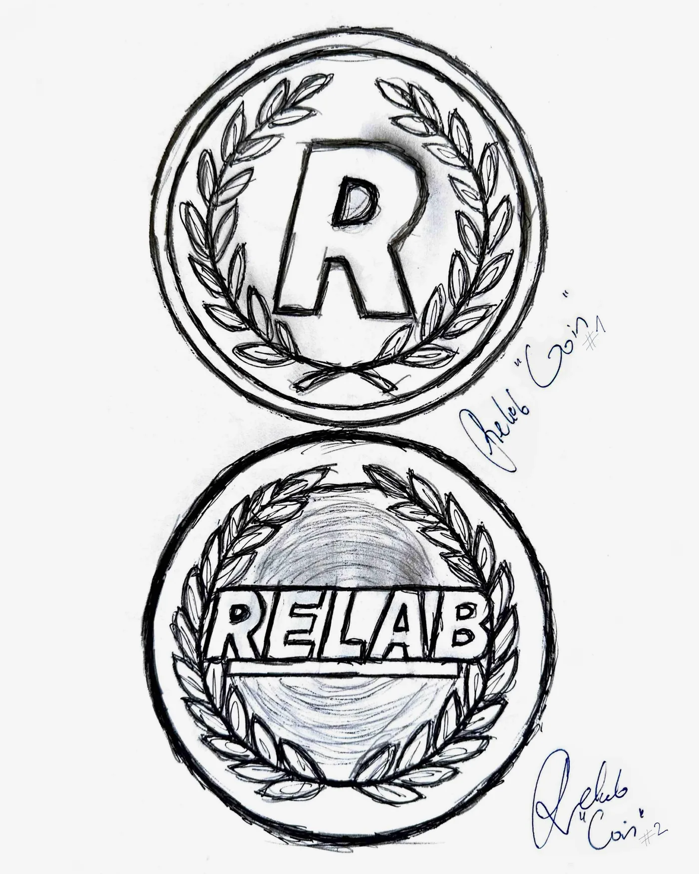 Autorskie ręczne szkice projektu "RELAB COIN" (początkowa faza)
